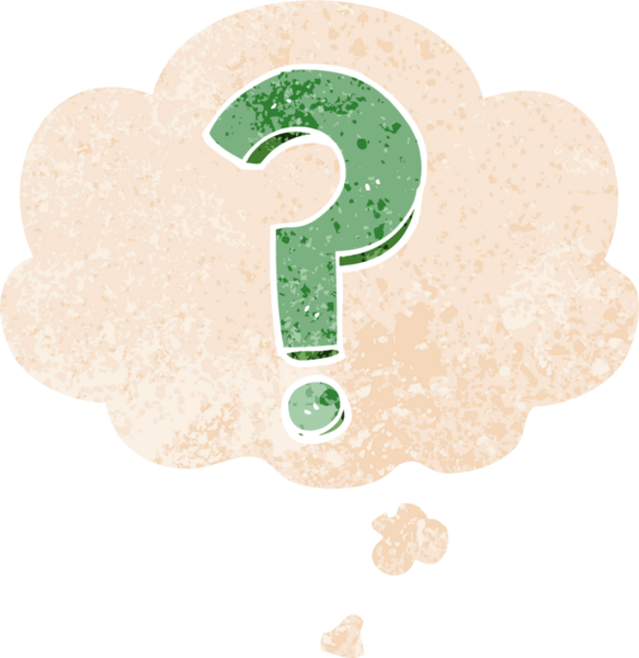 bir insan tarafından çizilmiş grunge sıkıntılı retro biçimli düşünce baloncuğu ile çizgi film soru işareti