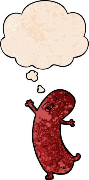 Düşünce baloncuklu çizgi film sosisi. Bir insan tarafından çizilmiş grunge desen tarzı.