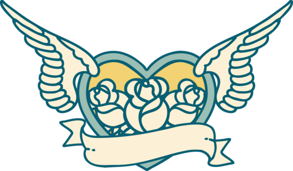 Bir insan tarafından çizilmiş çiçek ve bayrak ile uçan bir kalbin ikonik dövme görüntüsü