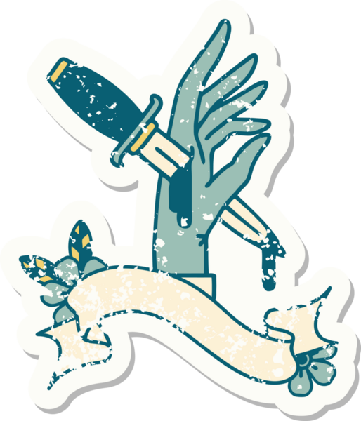 Bir insan tarafından çizilmiş bir hançerin bayrağını taşıyan eski bir etiket.