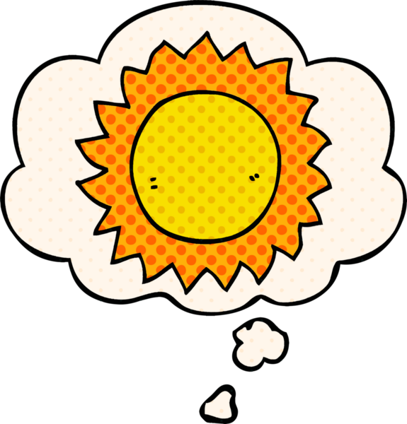 Bir insan tarafından çizilmiş çizgi roman tarzında düşünce baloncuklu çizgi film güneşi.