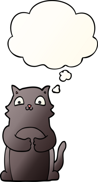 Bir insan tarafından çizilmiş yumuşak eğimli düşünce baloncuklu çizgi film kedisi.