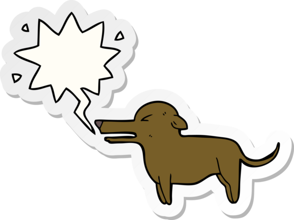 Bir insan tarafından çizilmiş konuşma balonu çıkartmalı çizgi film köpeği.