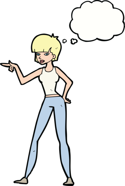 Bir insan tarafından çizilmiş düşünce balonuyla işaret eden çizgi film kadını.