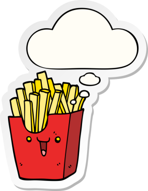 Düşünce baloncuklu patates kızartmaları bir insan tarafından çizilmiş çıkartma gibi.