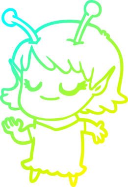 Bir insan tarafından çizilmiş gülümseyen uzaylı kız çizgi filmi.