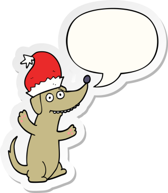 Bir insan tarafından çizilmiş baloncuk çıkartmalı şirin bir noel köpeği.