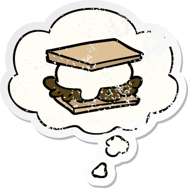 Düşünce baloncuklu smore çizgi filmi bir insan tarafından çizilmiş yıpranmış bir çıkartma.