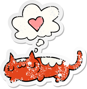 Düşünce baloncuğu olan çizgi film kedisi insan tarafından çizilmiş yıpranmış bir çıkartma.