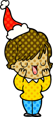 Bir insanın çizdiği Noel Baba şapkasıyla konuşan bir kadının el çizimi çizgi roman tasviri.