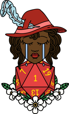 Retro Dövme Tarzı Ağlayan İnsan Ozanı Bir insan tarafından çizilmiş doğal bir D20 zar ile