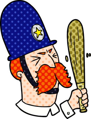 Çizgi film polisi bir insan tarafından çizilmiş değneği sallıyor.