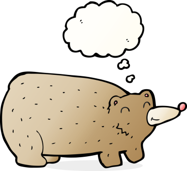 Bir insan tarafından çizilmiş düşünce baloncuklu komik çizgi film ayısı.