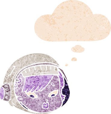 grunge 'da düşünce baloncuğu olan karikatür astronot yüzü bir insan tarafından çizilmiş tedirgin geçmiş dokuma tarzı