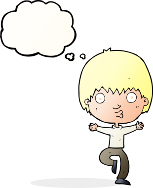 Bir insan tarafından çizilmiş düşünce baloncuğu olan heyecanlı çocuk.