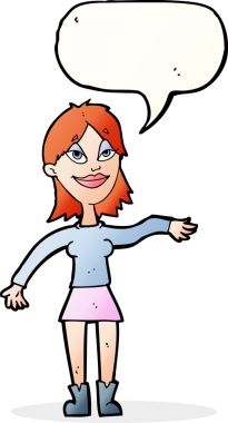 Bir insan tarafından çizilmiş konuşma baloncuğuyla el hareketi yapan çizgi film kadını.