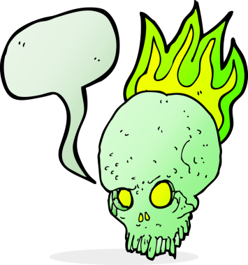 Bir insan tarafından çizilmiş konuşma baloncuğu olan karikatürümsü kafatası.