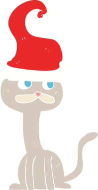 Bir insan tarafından çizilmiş Noel şapkası takan kedinin düz renk çizimi