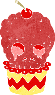 Bir insan tarafından çizilmiş ürkütücü kafatası kek karikatürü.