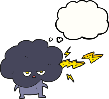 Serbest çizim düşünce balonu karikatürü Yağmur Bulutu karakteri bir insan tarafından çizilmiş yıldırımlar.