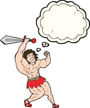 Bir insan tarafından çizilmiş düşünce balonlu barbar kahraman.