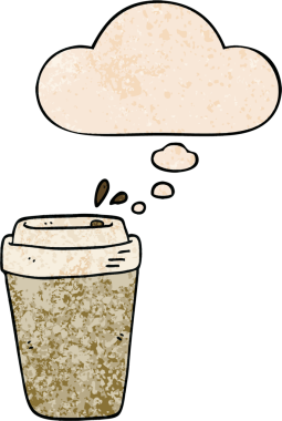 Bir insan tarafından çizilmiş grunge desenli düşünce baloncuklu çizgi film kahve fincanı.