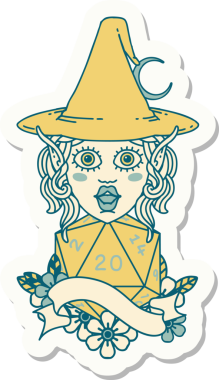 Bir insan tarafından çizilmiş doğal yirmi zarlı elf büyücü karakterinin çıkartması.