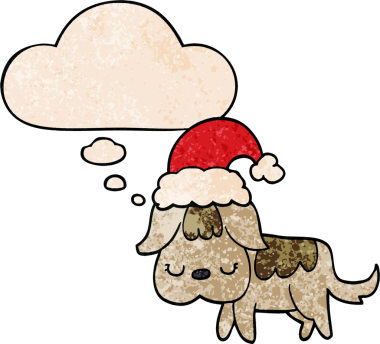 Bir insan tarafından çizilmiş grunge desenli düşünce baloncuğu olan şirin bir Noel köpeği.