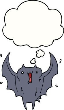 Bir insan tarafından çizilmiş düşünce balonlu mutlu vampir yarasa çizgi filmi.