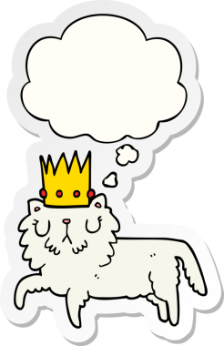 Düşünce baloncuklu taç takan çizgi film kedisi insan tarafından çizilmiş bir çıkartma.