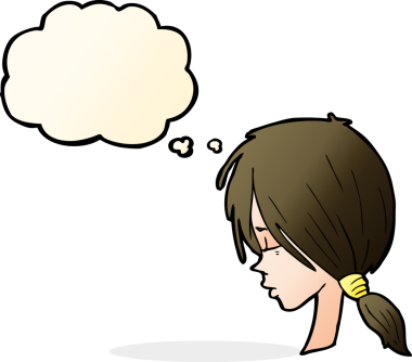 Bir insan tarafından çizilmiş düşünce baloncuğu ile düşünceli görünen çizgi film kızı.