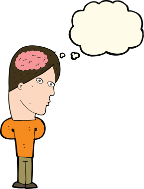 Düşünce baloncuğu insan tarafından çizilmiş büyük beyinli çizgi film adamı.