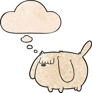 Bir insan tarafından çizilmiş grunge desenli düşünce baloncuğu olan komik çizgi film köpeği.