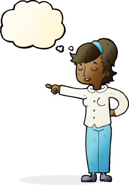 Bir insan tarafından çizilmiş düşünce balonuyla işaret eden çizgi film dostu bir kadın.