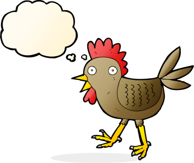 Bir insan tarafından çizilmiş düşünce balonlu komik çizgi film tavuğu.