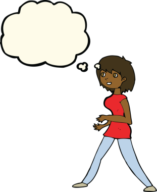 Bir insan tarafından çizilmiş düşünce baloncuğuyla yürüyen çizgi film kadını.