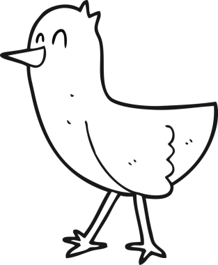 Bir insan tarafından çizilmiş siyah beyaz bir çizgi film kuşu.