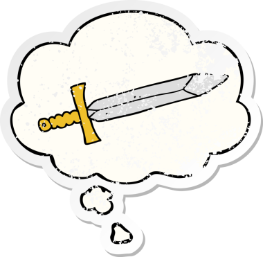 Düşünce baloncuklu karikatür kılıcı bir insan tarafından çizilmiş yıpranmış bir çıkartma gibi.