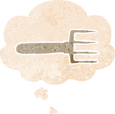 Düşünce baloncuğu ile çizgi film çatalı grunge sıkıntılı retro stili bir insan tarafından çizilmiş