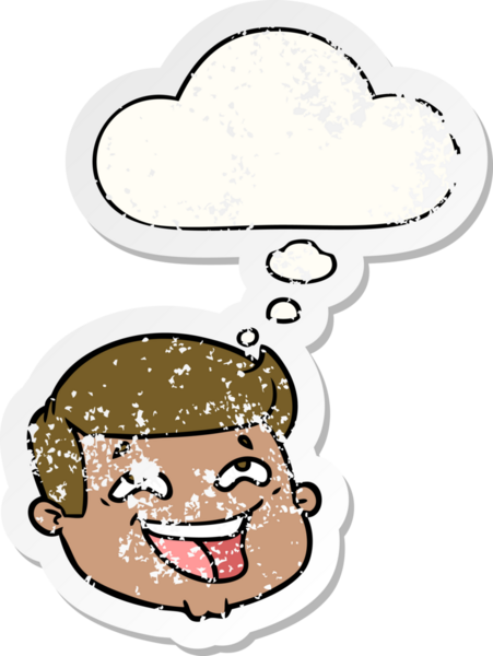 Düşünce baloncuğu olan mutlu erkek yüzü bir insan tarafından çizilmiş yıpranmış bir çıkartma gibi