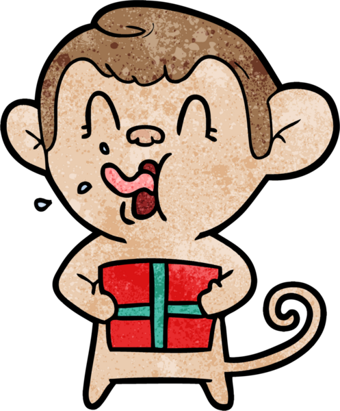 Bir insan tarafından çizilmiş Noel hediyesi olan çılgın çizgi film maymunu.