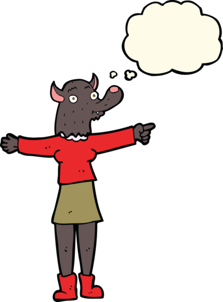 Bir insan tarafından çizilmiş düşünce balonlu kurtadam kadını gösteren çizgi film.