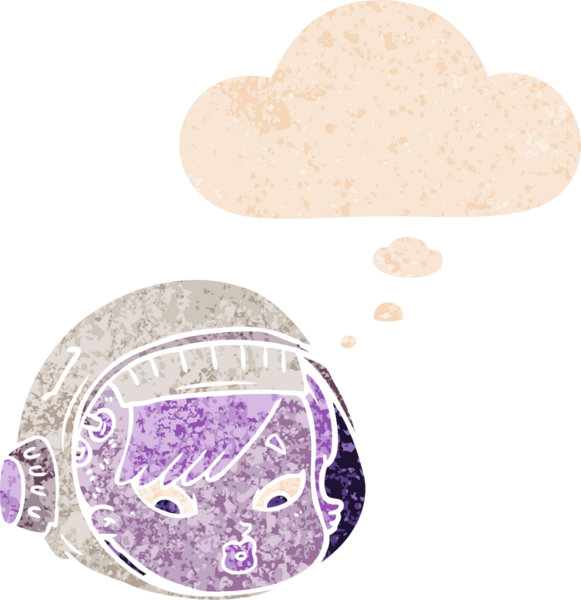 grunge 'da düşünce baloncuğu olan karikatür astronot yüzü bir insan tarafından çizilmiş tedirgin geçmiş dokuma tarzı