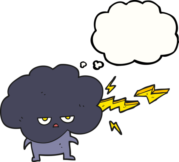 Serbest çizim düşünce balonu karikatürü Yağmur Bulutu karakteri bir insan tarafından çizilmiş yıldırımlar.