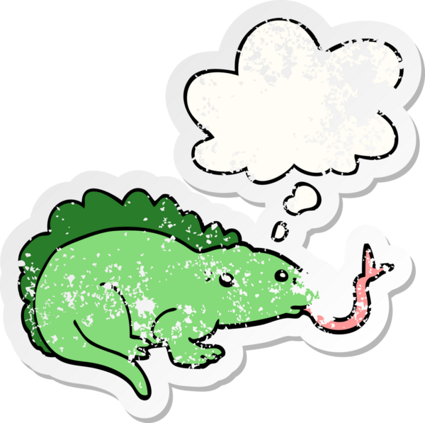 Düşünce baloncuğu olan çizgi film kertenkelesi insan tarafından çizilmiş yıpranmış bir çıkartma.