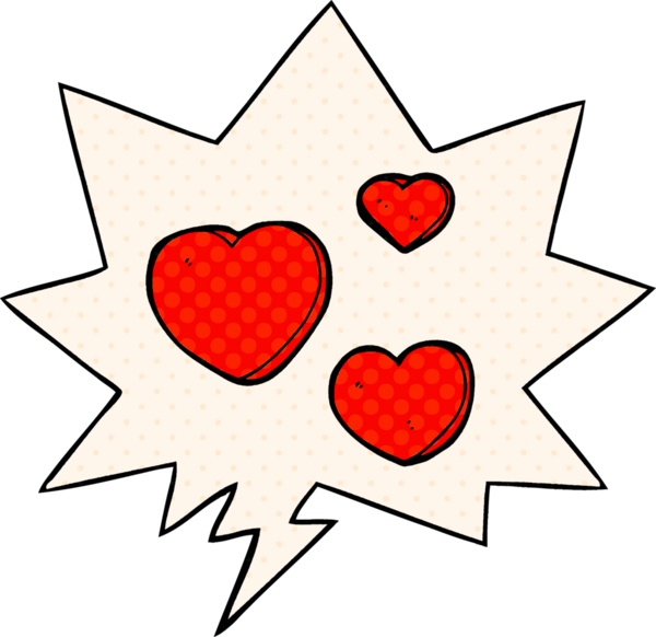 Bir insan tarafından çizilmiş çizgi roman tarzında konuşma baloncuklu karikatür aşk kalpleri.