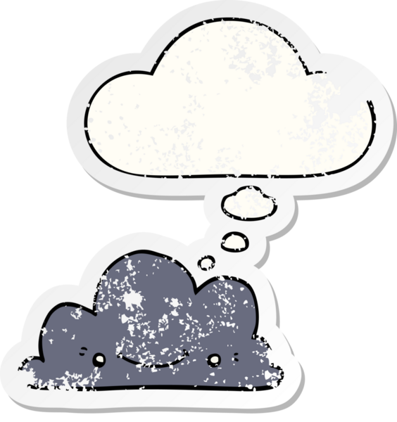 Düşünce baloncuğu olan sevimli çizgi film bulutu bir insan tarafından çizilmiş yıpranmış bir çıkartma gibi.