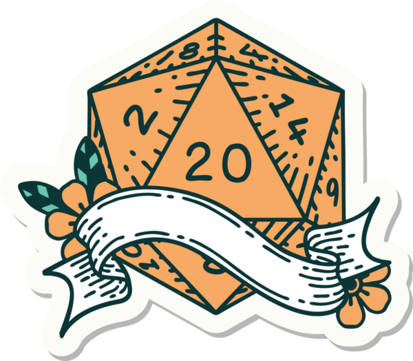 Bir insan tarafından çizilmiş 20 D20 zarının çıkartması.