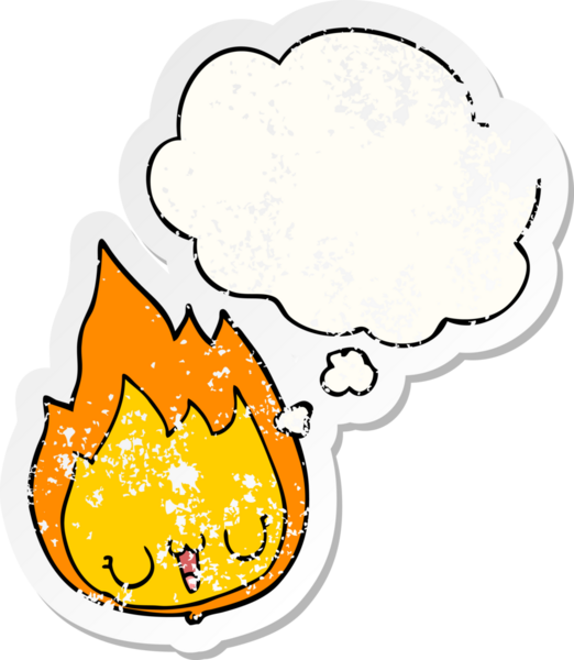 Yüzü düşünce baloncuğu olan çizgi film alevi insan tarafından çizilmiş yıpranmış bir çıkartma gibi.