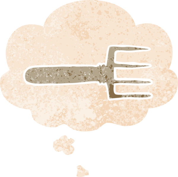 Düşünce baloncuğu ile çizgi film çatalı grunge sıkıntılı retro stili bir insan tarafından çizilmiş